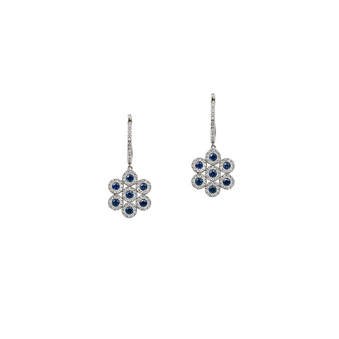 14K White Gold Flower Design Diamond and Sapphire Drop Earrings