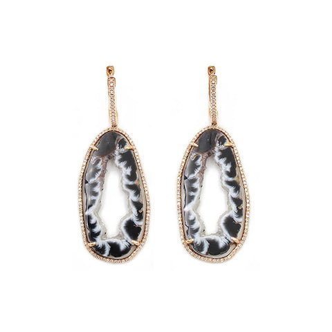 Estate 14K Rose Gold Druzy Agate and Diamond Dangle Earrings
