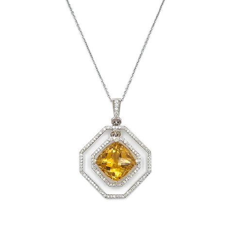 Estate 18K White Gold Diamond Citrine Pendant Necklace