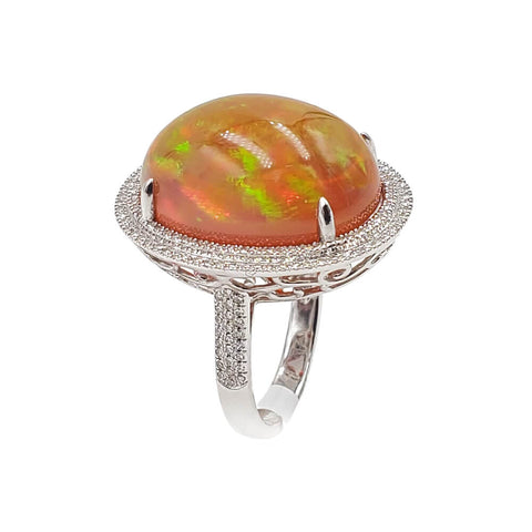 14K White Gold Diamond Mexican Fire Opal Ring