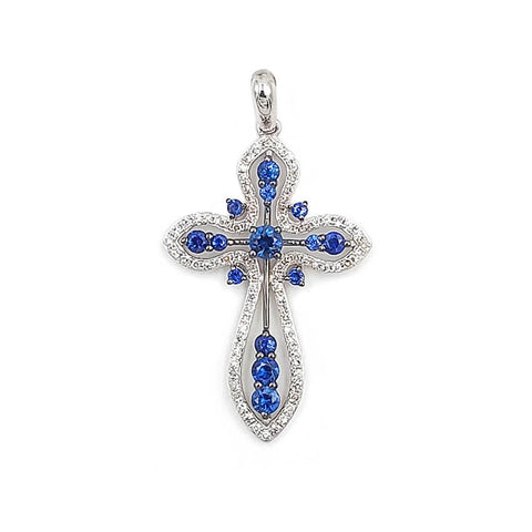 14K White Gold Diamond and Sapphire Cross Pendant Necklace