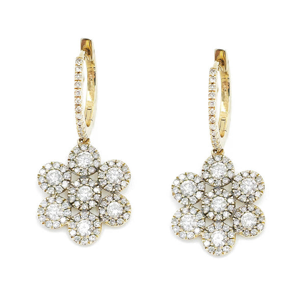 14K Yellow Gold Flower Design Drop Diamond Earrings