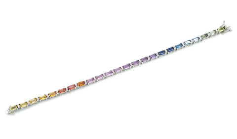 14K White Gold Multicolor Sapphire and Diamond Gemstone Bracelet, 7.68ct, 13.19g