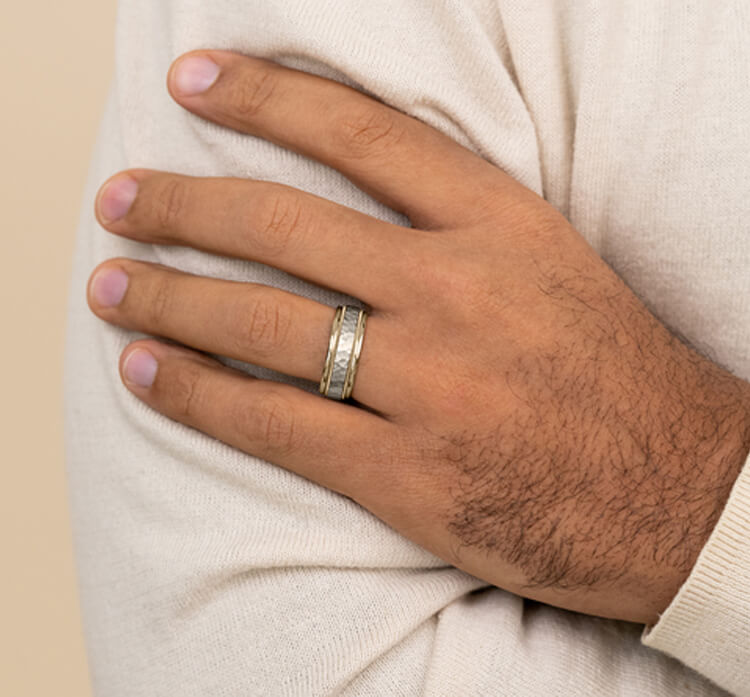 Benchmark Two Tone Rings Benchmark Two Tone 8mm Hammered-Finish Milgrain Men's Band CF15830814K