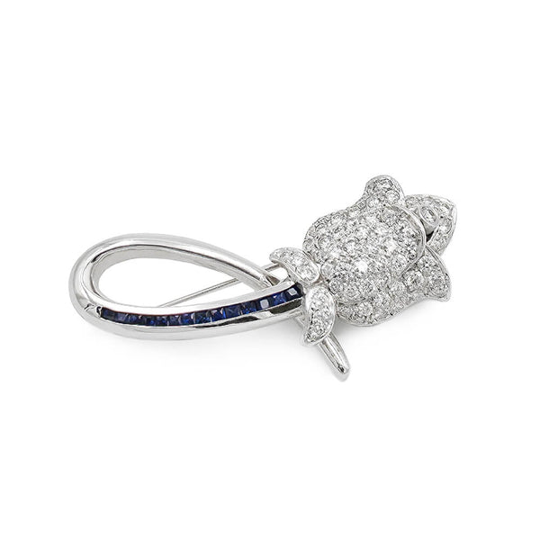 Estate 14K White Gold Sapphire and Diamond Flower Brooch