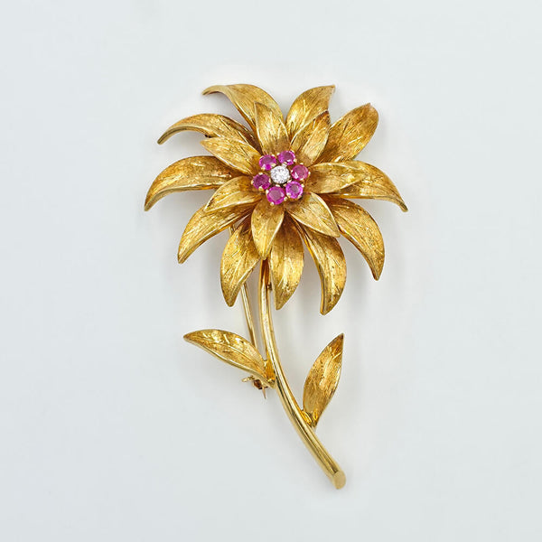 Tiffany & Co. 18K Yellow Gold Ruby and Diamond Ladies Flower Brooch