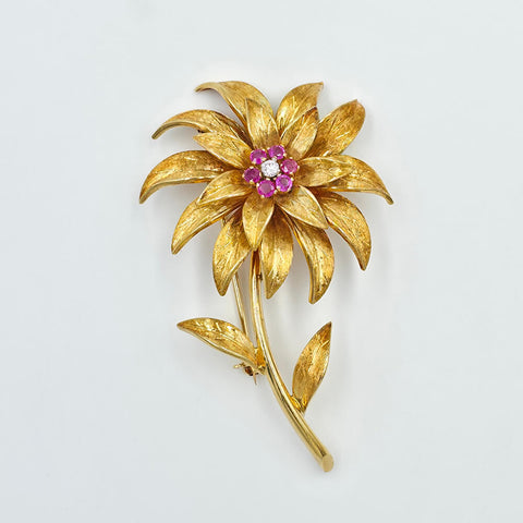 Tiffany & Co. 18K Yellow Gold Ruby and Diamond Ladies Flower Brooch