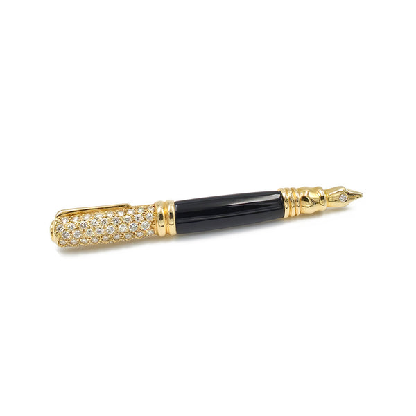 Estate 14K Yellow Gold Black Onyx Diamond Calligraphy Pen Brooch