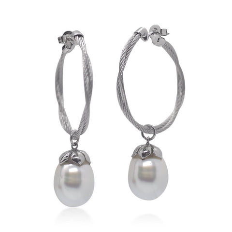 ALOR Grey Twisted Cable Hoop Earrings with White South Sea Pearls 03-32-P112-01