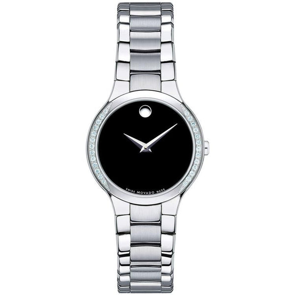 Movado Serio Black Dial Steel Bracelet Quartz Ladies Watch 0606385