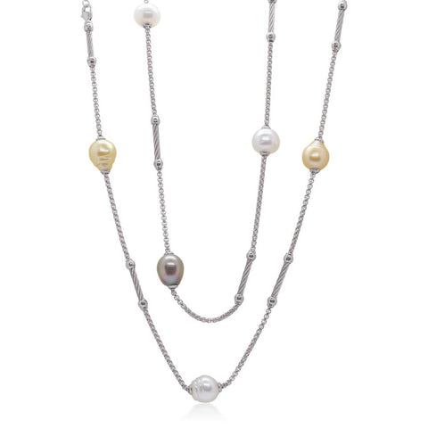 ALOR Grey Chain & Cable Multi-Colored South Sea Pearl Station Necklace 08-32-P808-03
