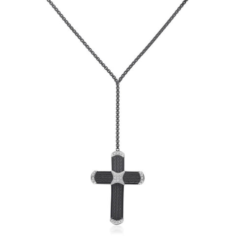 ALOR Black Cable & Chain “WY” Cross Lariat Necklace with 14K Gold & Diamonds 08-52-4024-11