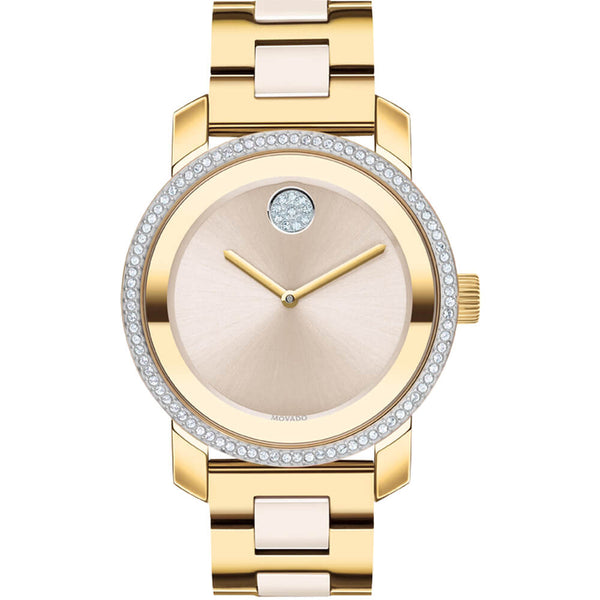 Movado BOLD Ceramic Yellow Gold IP Crystal Set Bezel Women's Watch 3600785