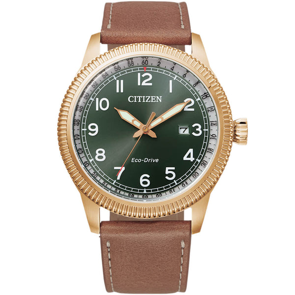 Citizen Eco-Drive Green Dial Brown Leather Strap Men's Watch BM7483-15X