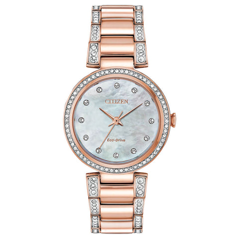 Citizen Silhouette Crystal White Mother-of-Pearl Dial Pink Gold Ladies Watch EM0843-51D