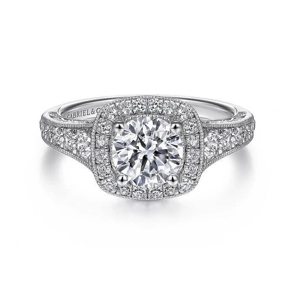 Gabriel & Co. Vintage Cushion Halo Round Diamond Engagement Ring ER7293W44JJ