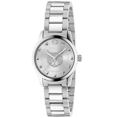 Gucci G-Timeless 27mm Silver Dial with Silver Feline Head Motif Women's Watch YA126595