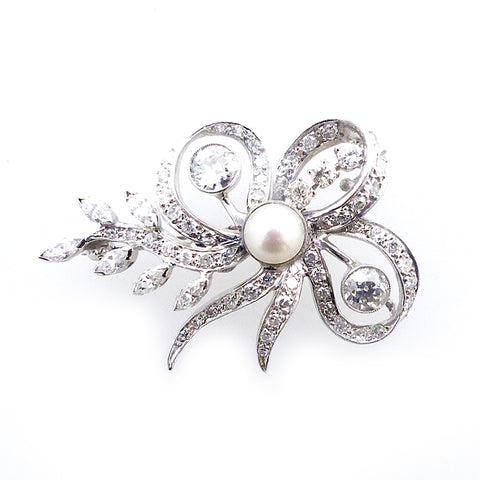 Vintage 14K White Gold Pearl Diamond Pin