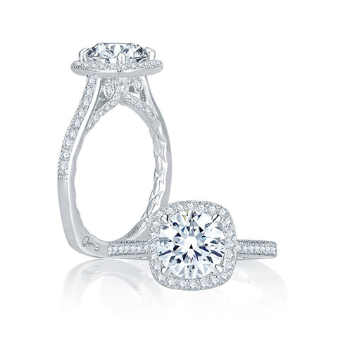 A.JAFFE Intricate Channel Set with Milgrain Detail Cushion Halo Quilted Engagement Ring MES754Q/191