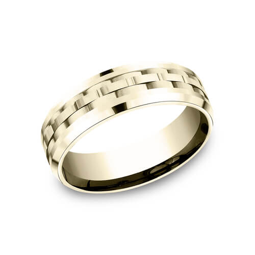 Benchmark 14K Yellow Gold Link Patterned Center Drop Bevel Men's Wedding Band CF40767214KY