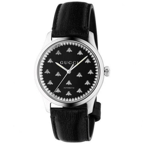 Gucci G-Timeless Signature Bee Automatic Black Leather Strap Watch YA126286