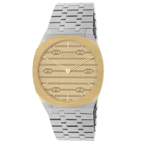 Gucci 25H 34mm Golden Brass Dial Steel Bracelet Women's Watch YA163403