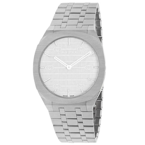 Gucci 25H 38mm Silver Brass Dial Steel Bracelet Men's Watch YA163407